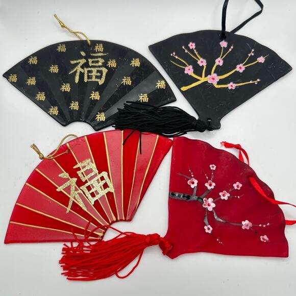 Set 4 red black glass gold glitter Chinese folding fans Christmas tree ornaments - Picture 1 of 5